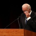 Joe Biden wipes his eye as he speaks during a memorial service to celebrate the life of of U.S. Sen. John McCain at the North Phoenix Baptist Church on August 30, 2018 in Phoenix, Arizona. 