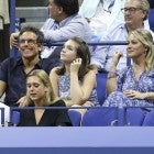 Ben Stiller, Christine Taylor and their daughter Ella Stiller attend day 3 of the 2018 tennis US Open on Arthur Ashe stadium at the USTA Billie Jean King National Tennis Center on August 29, 2018 in Flushing Meadows, Queens, New York City. 