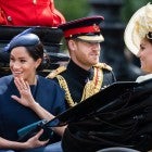 Prince Harry, Duke of Sussex. Meghan, Duchess of Sussex and Catherine, Duchess of Cambridge ride by carriage down the Mall during Trooping The Colour, the Queen's annual birthday parade, on June 08, 2019 in London, England. 