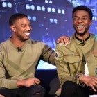 Michael B. Jordan and Chadwick Boseman at black panther conference in 2018