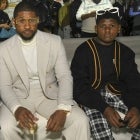 Usher and Naviyd Ely Raymond attend the AMIRI Autumn-Winter 2022 Runway Show on February 08, 2022 in Los Angeles, California.