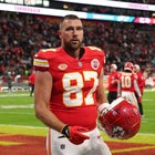 FRANKFURT AM MAIN, GERMANY - NOVEMBER 5: Travis Kelce of Kansas City Chiefs looks on ahead of the NFL match between Miami Dolphins and Kansas City Chiefs at Deutsche Bank Park on November 5, 2023 in Frankfurt am Main, Germany.