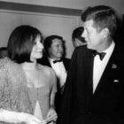 President John F. Kennedy speaks with Barbra Streisand at an event May 24, 1963