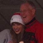  Taylor Swift hugs Scott Kingsley Swift while the Kansas City Chiefs and the New England Patriots play at Gillette Stadium on December 17, 2023 in Foxborough, Massachusetts.