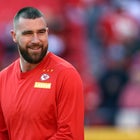 Tight end Travis Kelce #87 of the Kansas City Chiefs warms up prior to the game between the Buffalo Bills and the Kansas City Chiefs at GEHA Field at Arrowhead Stadium on December 10, 2023 in Kansas City, Missouri.