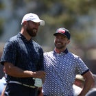 Musician Justin Timberlake, right, and NFL athlete Travis Kelce, talk on the third hole during round one of the American Century Championship at Edgewood Tahoe South golf course on July 9, 2020 in South Lake Tahoe, Nevada.