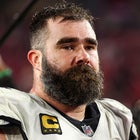 Jason Kelce #62 of the Philadelphia Eagles looks on after an NFL wild-card playoff football game against the Tampa Bay Buccaneers at Raymond James Stadium on January 15, 2024 in Tampa, Florida.