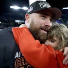Travis Kelce #87 of the Kansas City Chiefs celebrates with Taylor Swift after a 17-10 victory against the Baltimore Ravens in the AFC Championship Game at M&T Bank Stadium on January 28, 2024 in Baltimore, Maryland.