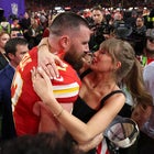  Travis Kelce #87 of the Kansas City Chiefs kisses Taylor Swift after defeating the San Francisco 49ers 2 during Super Bowl LVIII at Allegiant Stadium on February 11, 2024 in Las Vegas, Nevada.