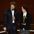 Billie Eilish and Finneas on stage at the 2024 Oscars 
