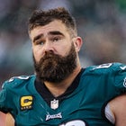  Jason Kelce #62 of the Philadelphia Eagles looks on during the second half of the game against the Tennessee Titans at Lincoln Financial Field on December 4, 2022 in Philadelphia, Pennsylvania.