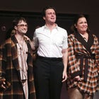 Daniel Radcliffe, Jonathan Groff and Lindsay Mendez during the opening night curtain call for Stephen Sondheim's 'Merrily We Roll Along' on Broadway at The Hudson Theater on October 8, 2023 