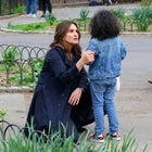 Mariska Hargitay is seen taking a break from filming 'Law and Order: SVU' help a child