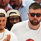 Patrick Mahomes and Travis Kelce of the Kansas City Chiefs look on during the fourth quarter of Game Three of the Western Conference Finals between the Dallas Mavericks and the Minnesota Timberwolves at American Airlines Center on May 26, 2024 in Dallas, Texas. NOTE TO USER: User expressly acknowledges and agrees that, by downloading and or using this photograph, User is consenting to the terms and conditions of the Getty Images License Agreement