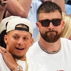 Patrick Mahomes and Travis Kelce of the Kansas City Chiefs react during the fourth quarter of Game Three of the Western Conference Finals between the Dallas Mavericks and the Minnesota Timberwolves at American Airlines Center on May 26, 2024 in Dallas, Texas. 