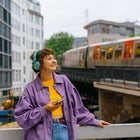 Woman listening to headphones