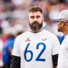 Jason Kelce #62 (L) and Jalen Hurts #1 of the Philadelphia Eagles and NFC talk during the 2024 NFL Pro Bowl at Camping World Stadium on February 04, 2024 in Orlando, Florida.