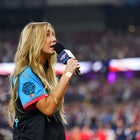 Ingrid Andress sings the national anthem prior to the 2024 T-Mobile Home Run Derby at Globe Life Field on Monday, July 15, 2024 in Arlington, Texas.