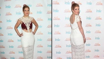 Tori Spelling Flashes Bralette and Abs in Possibly Backwards Dress