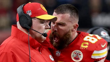 Travis Kelce Yells in Kansas City Chiefs Coach Andy Reid's Face on Super Bowl Sidelines