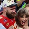 Travis Kelce #87 of the Kansas City Chiefs celebrates with Taylor Swift after defeating the San Francisco 49ers 25-22 in overtime during Super Bowl LVIII at Allegiant Stadium on February 11, 2024 in Las Vegas, Nevada.