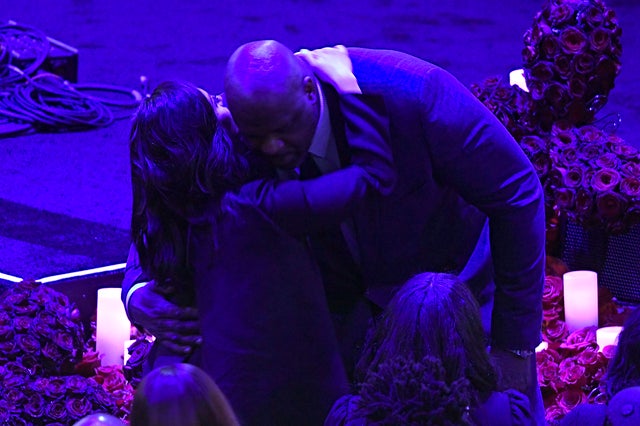 Shaquille O'Neal hugs Vanessa Bryant during The Celebration of Life for Kobe & Gianna Bryant at Staples Center on February 24, 2020 in Los Angeles, California.