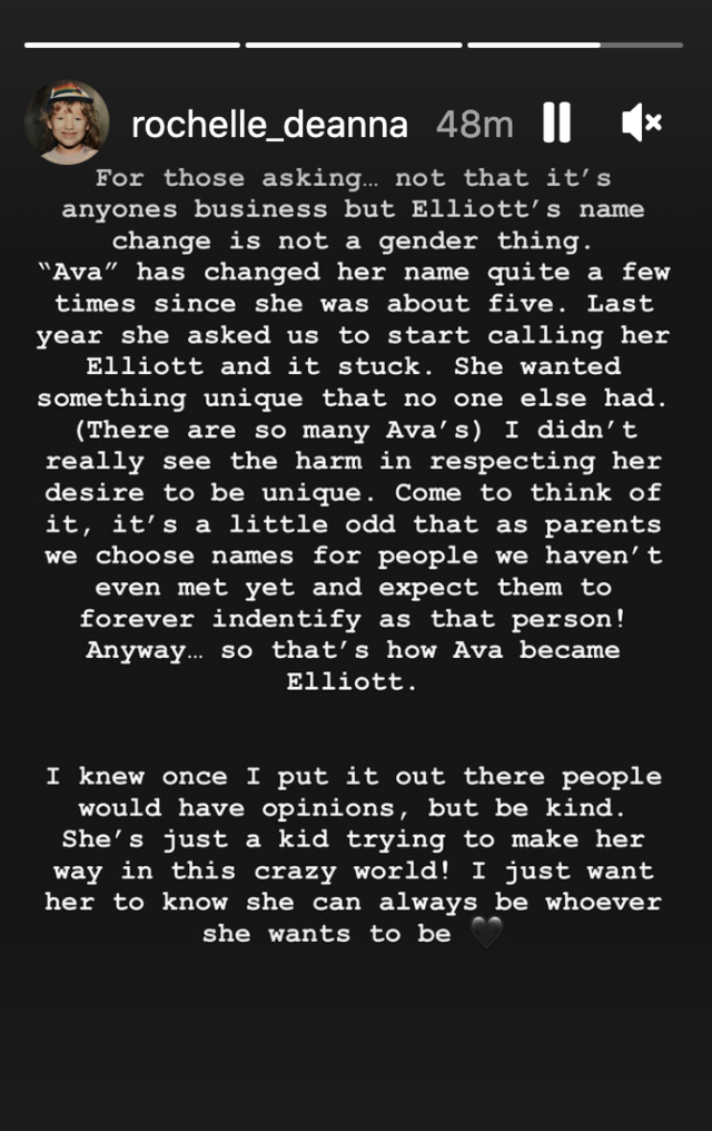 Rochelle Karidis IG Story About Ava Becoming Elliot
