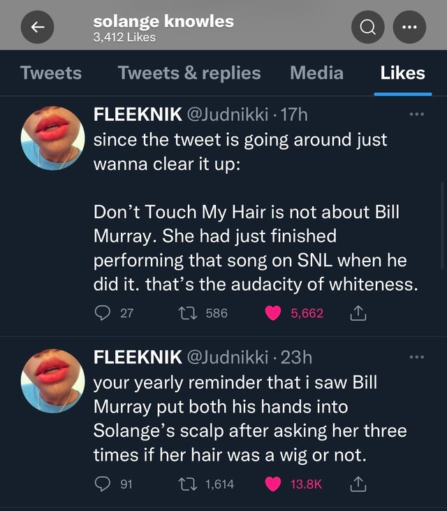 Solange Knowles Likes Tweet Alleging Bill Murray 'Put Both His Hands' in Her Hair