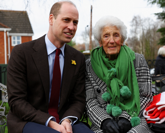 Prince William, Prince Of Wales meets with Ruby McBurney, a surviving child of a Gresford Disaster victim, during a visit to the Gresford Colliery Disaster memorial as he marks St. David's Day on March 1, 2024 in Wrexham, Wales.