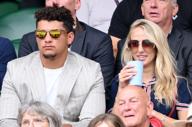 Patrick Mahomes and Brittany Mahomes attend day five of the Wimbledon Tennis Championships at the All England Lawn Tennis and Croquet Club on July 05, 2024 in London, England.