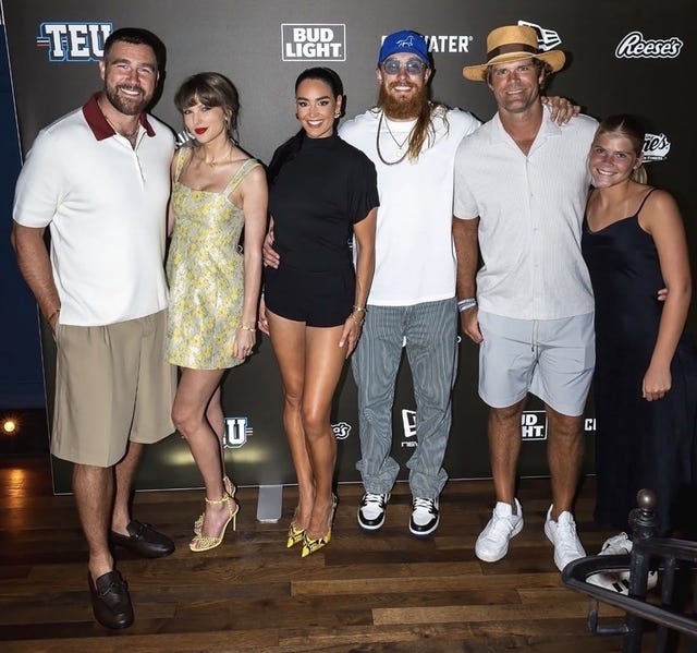 Travis Kelce, Taylor Swift, Claire Kittle, George Kittle, Greg Olsen, and Talbot Olsen