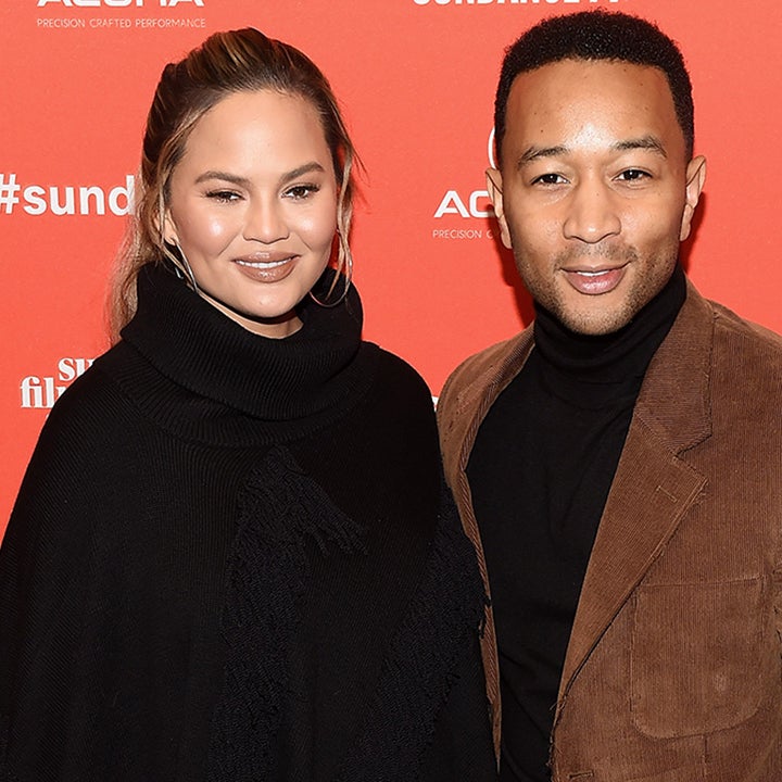 John Legend Helps Chrissy Teigen Cover Her Baby Bump in Spandex: Watch the Cute Moment!