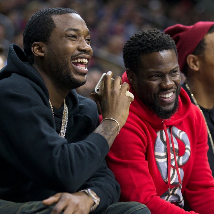 Meek Mill Sits Courtside With Kevin Hart at Philadelphia 76ers Playoff Game Hours After Prison Release
