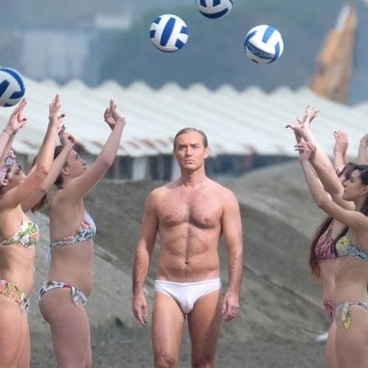 Jude Law Films 'The New Pope' Scene in His Underwear on a Beach of Bikini-Clad Women
