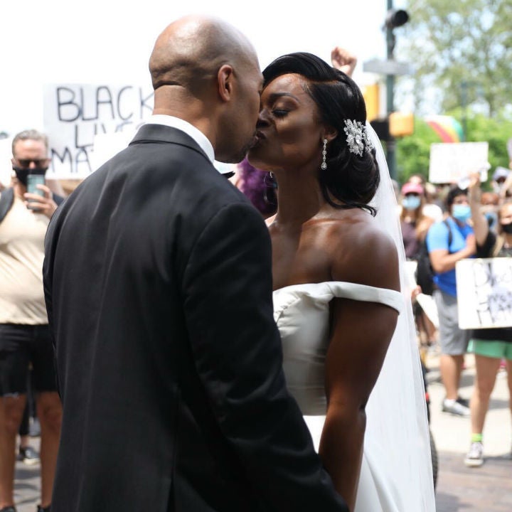 Watch a Newlywed Couple Join Protesters in Their Wedding Attire