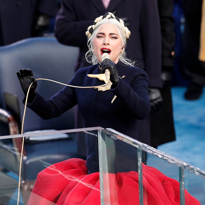 Lady Gaga Wears Custom Schiaparelli to Sing National Anthem