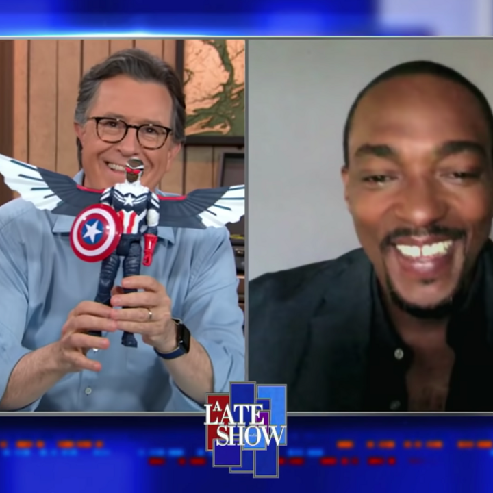 Stephen Colbert Gives Anthony Mackie a First Look at His Action Figure