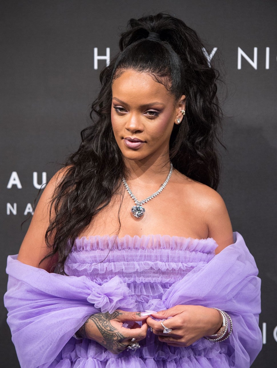 Rihanna Goes Girly in Pretty Lilac Dress at New Makeup Line Launch in  London | Entertainment Tonight