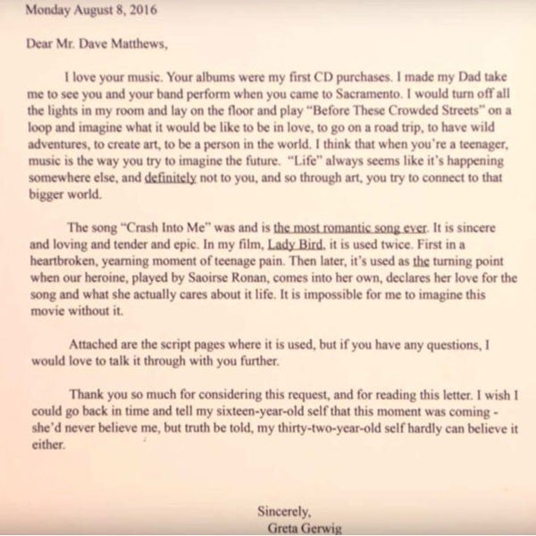 Greta Gerwig Dave Matthews letter
