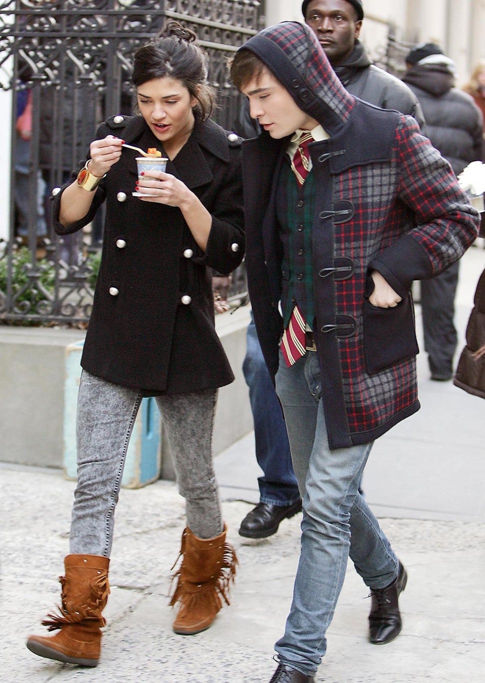 Jessica Szohr and Ed Westwick on the set of 'Gossip Girl' in 2009