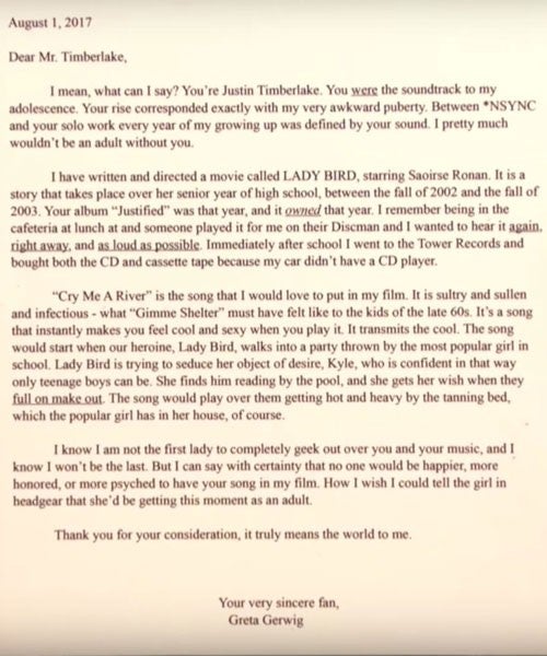 Greta Gerwig letter to Justin Timberlake