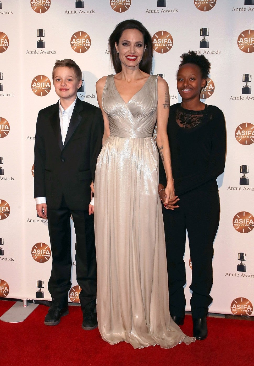Angelina Jolie Stuns in Silver With Daughters Shiloh and Zahara at