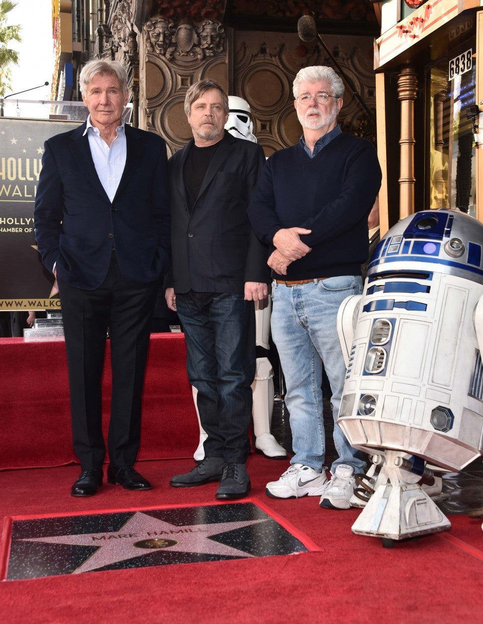 Harrison Ford, Mark Hamill and George Lucas at the Hollywood Walk of Fame Ceremony