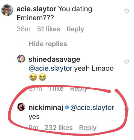 Nicki Minaj seemingly indicating she is dating Eminem