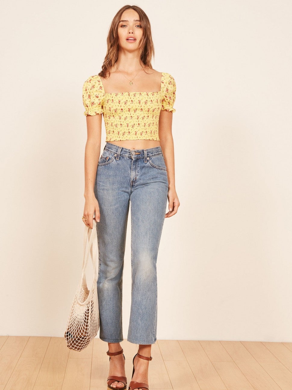 Reformation yellow floral puffy shoulder top