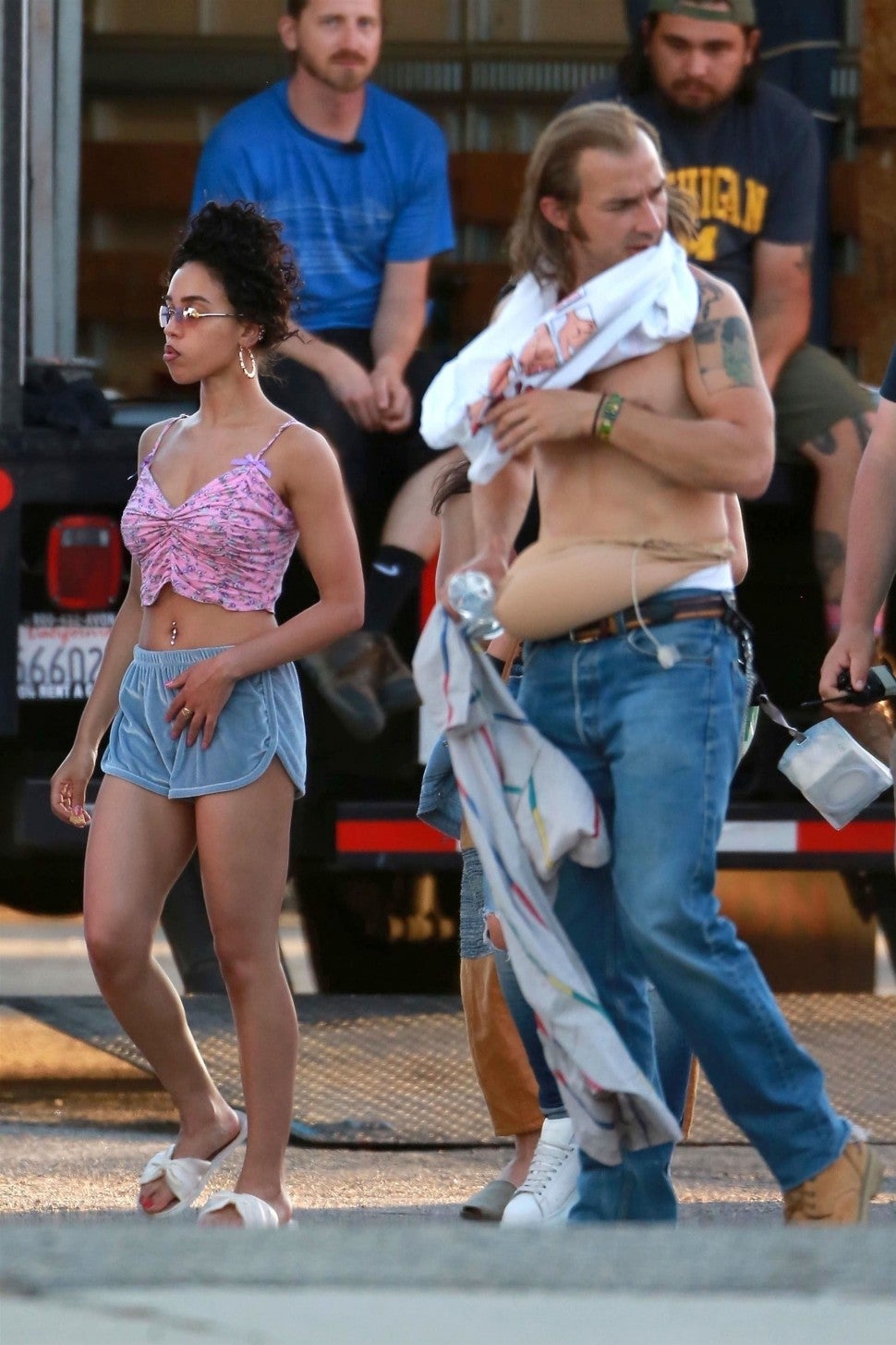 Shia LaBeouf and singer FKA twigs were spotted shooting scenes for their latest project 'Honey Boy' with Clifton Collins Jr. on the set.