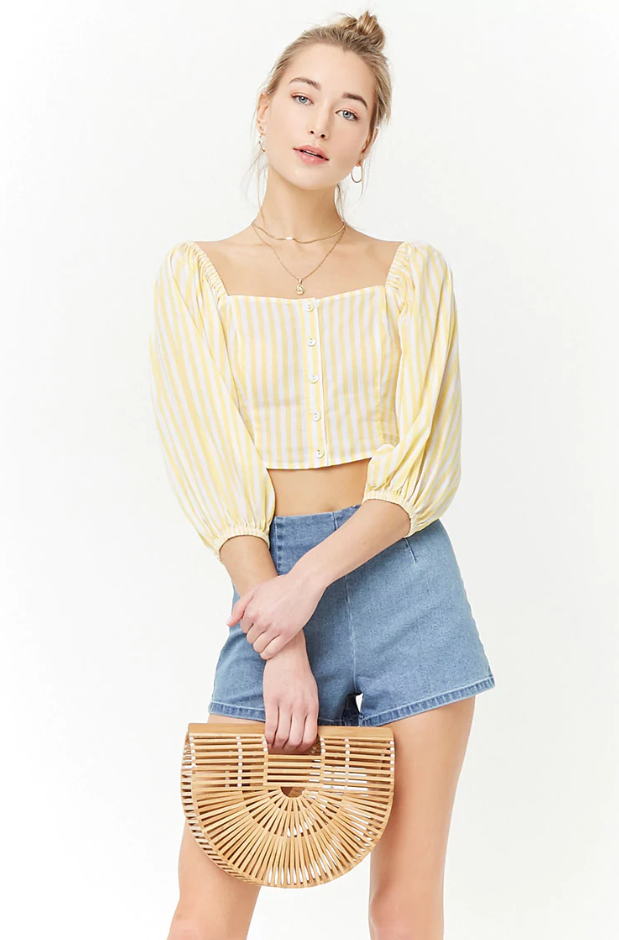 Forever 21 striped yellow buttoned puff sleeve top