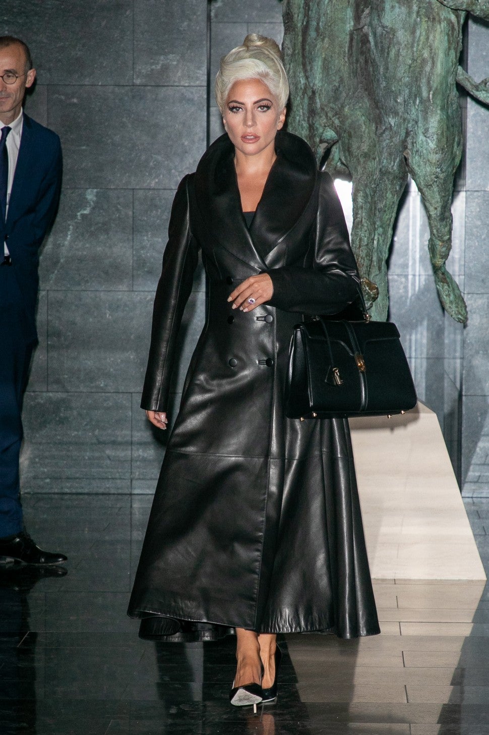 Lady Gaga leather coat with Celine bag