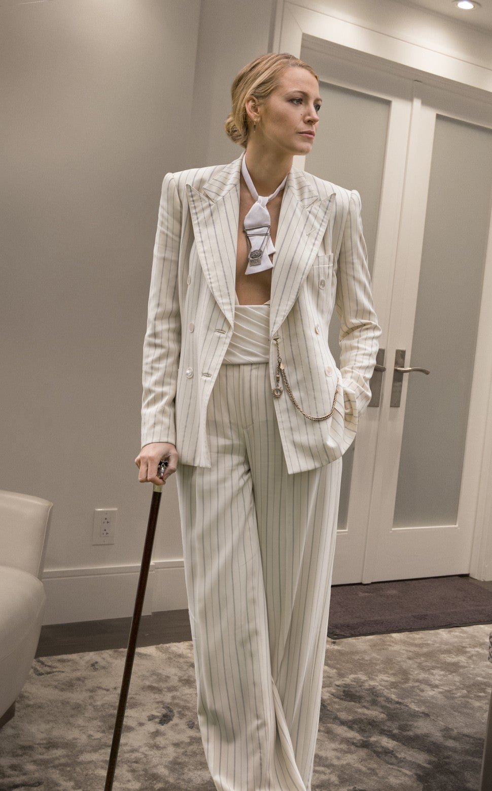 Blake Lively white Ralph Lauren suit in A Simple Favor