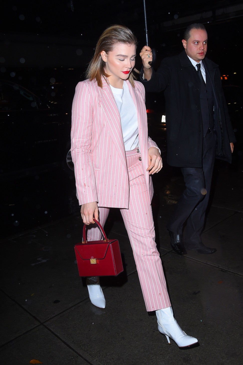 Chloe Grace Moretz pink suit and white tee